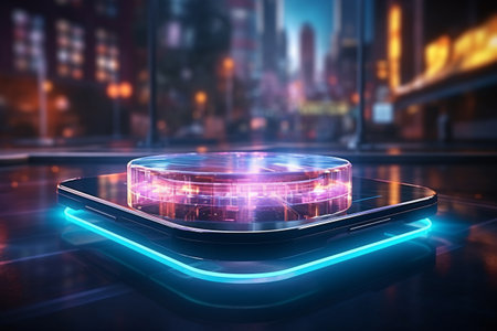 This photo of a holographic projection from a smartphone captures the essence of futuristic technology. The blue neon light. Generative AIの素材
