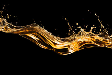 a golden liquid splashing against a black background. The liquid is shimmering and glistening, creating a beautiful and mesmerizing effect. Generative AIの素材