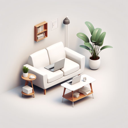 isometric of a minimal workplace with a white environment, desk, chair, sofa, and computer notebook. Perfect for use in business, work, and productivity projects. Generative AIの素材