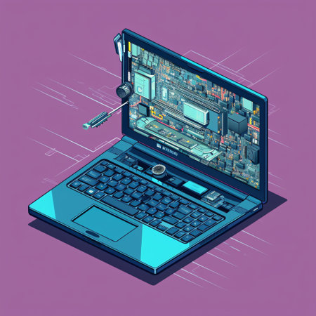 Laptop interior isometric vector graphic with intricate detailed hardware. Perfect for use in technical documentation, user manuals, and product illustrations. Generative AIの素材