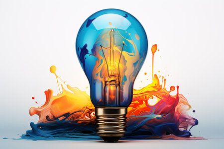 This stunning stock photo features a lightbulb made from a mix of oil paints on a white background. The vibrant colors and creative design of the lightbulb make it a perfect image for representing the concept of creativity. Generative AIの素材