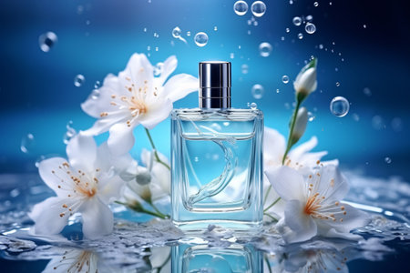 A stunning photograph of a white perfume bottle on a light blue background with water droplets and flowers. This elegant image is perfect for perfume advertising, beauty brands, and luxury lifestyle magazines. Generative AIの素材