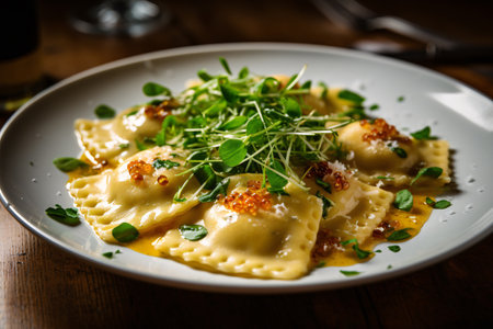 A delicious Italian ravioli dish with cheese and basil, photographed in high resolution. Perfect for food photography, food bloggers, and foodies. Generative AIの素材