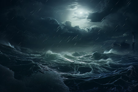 This realistic nature photo captures the power and beauty of a stormy ocean at night. High waves crash against the shore under a moonlit sky, creating a dramatic and unforgettable scene. Generative AIの素材