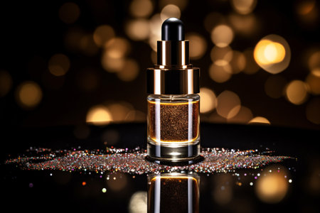 This stunning image of a luxury serum cosmetic bottle on a black mirror background with bokeh is perfect for beauty and skincare brands. Generative AIの素材