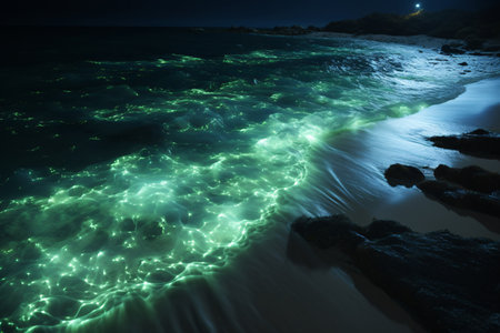 A mesmerizing image of bioluminescent algae waves crashing on a beach at night. The water glows with an ethereal blue light, creating a magical and unforgettable scene. Generative AIの素材