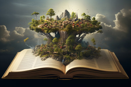 Explore a magical nature landscape fantasy world in this surreal digital art painting. An open book reveals a mystical realm, filled with wonder and imagination. Generative AIの素材