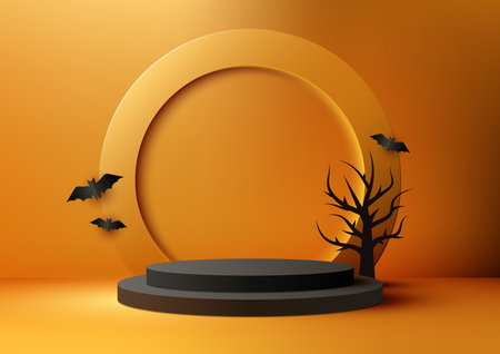 Halloween colors theme product display 3D black podium decoration with circle, black dead tree and bats on orange wall background. Halloween concept, product display, mockup, showroom, showcase. Vector illustrationのイラスト素材