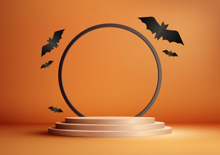 Halloween orange theme product display 3D beige podium decoration with black circle and bat shape paper cut elements on orange wall background. Halloween concept, product display, mockup, showroom, showcase. Vector illustrationのイラスト素材