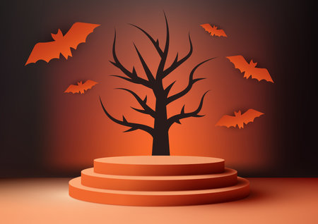 Halloween colors theme product display 3D orange podium decoration with black dead tree and bats on dark wall background. Halloween concept, product display, mockup, showroom, showcase. Vector illustrationのイラスト素材