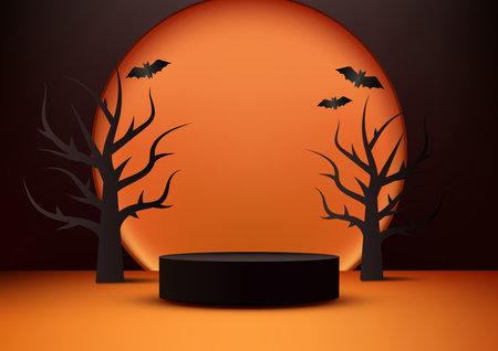 Halloween colors theme product display 3D black podium decoration with orange circle, black dead tree and bats on orange wall background. Halloween concept, product display, mockup, showroom, showcase. Vector illustrationのイラスト素材