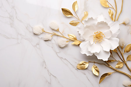 This stunning image of white and gold flowers on a marble background is perfect for weddings, invitations. Generative AIの素材