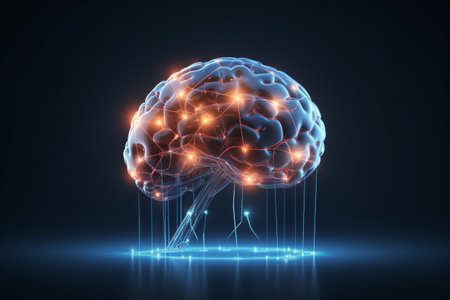 A wireframe mesh of a brain, created using brain scan technology. This electrical technology concept is perfect for use in scientific, medical, or artistic projects. Generative AIの素材