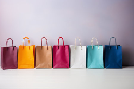 A variety of colorful paper bags in different sizes and types, photographed on a white background. Perfect for gift wrapping, packaging, retail, and product photography. Generative AIの素材