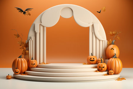 3D realistic Halloween podium is perfect for displaying your products in a spooky and stylish way. The podium features a dark background, a pumpkin. Generative AIの素材