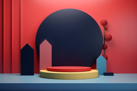 3D podium decoration with colorful geometric object composition, perfect for product display mockups in a modern minimal showroom or showcase. Generative AIの素材