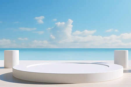 Showcase your products in style with this realistic 3D white podium on a beautiful beach background. Generative AIの素材