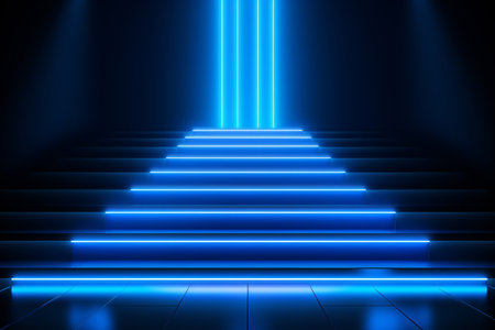 3D blue neon podium with glowing stairs is perfect for product display, presentations, and exhibitions. Generative AIの素材