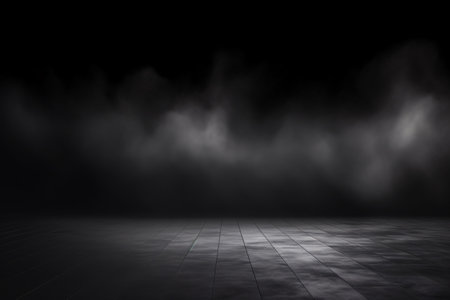 This abstract dark room concrete floor background with panoramic white fog is perfect for product placement, stage design, or any creative project. Generative AIの素材