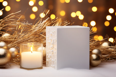 Highly realistic 3D mockup of a Christmas gift box on a white and gold background with spruce twigs and ornaments. Perfect for your holiday marketing and promotion materials.の素材