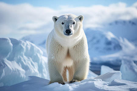 a polar bear standing on a glacier. This iconic image is a powerful reminder of the importance of protecting our planet and its endangered wildlife. Generative AIの素材