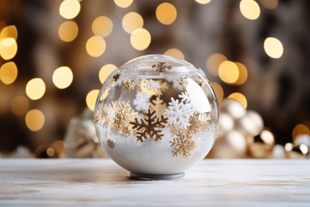 Celebrate the holiday season with this festive Christmas crystal ball decoration. Featuring a gold and white ornament, winter wonderland background, and snowflakes. Generative AIの素材