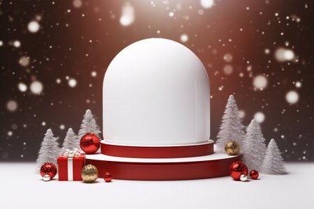 Christmas Festive Empty Small Blank 3D Podium for Product Display. Christmas Theme, Gift, Luxury, Balls, Pine Tree, Snowy. Generative AIの素材