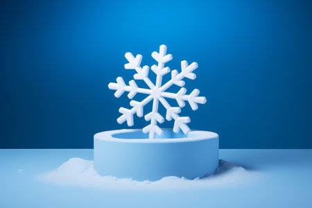A beautiful snowflake on a 3D podium against a blue backdrop, perfect for a winter wonderland background or Christmas greeting. Generative AIの素材