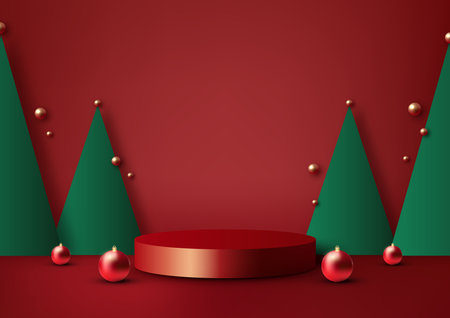 3D realistic red Christmas podium, a new year festive red background with red balls and green pine tree triangle paper art style. Perfect for Christmas product displays, mockups, showrooms, and showcases. Vector illustrationのイラスト素材