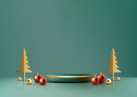3D of a realistic green and gold Christmas podium on a green background with pine tree and red balls. Perfect for product display, mockups, showrooms, and showcases. Vector illustrationのイラスト素材
