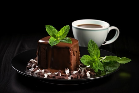 This photo of chocolate fondant with hot chocolate and mint is dessert. The rich, dark chocolate and the refreshing mint are a perfect combination. Generative AIの素材