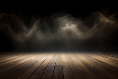 This abstract dark room wood floor background with panoramic white fog with spotlight is perfect for product placement, stage design, or any creative project. Generative AIの素材
