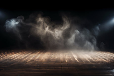 This abstract dark room wood floor background with panoramic white fog with spotlight is perfect for product placement, stage design, or any creative project. Generative AIの素材