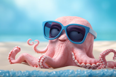 This funny octopus wearing sunglasses in a pastel and soft studio setting. Generative AIの素材