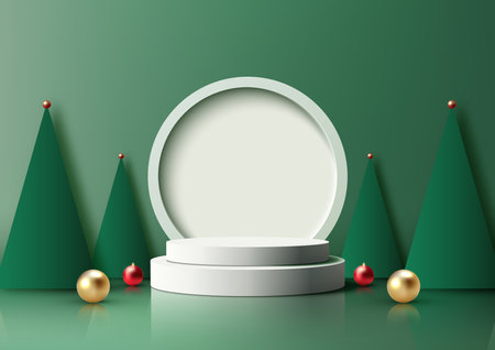 Showcase your products in style with this white Christmas podium mockup. Perfect for Christmas themed marketing campaigns, product launches, and more. Vector illustrationのイラスト素材