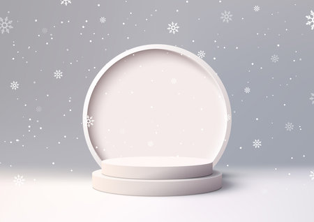 Showcase your products in style with this minimal Christmas product display stand mockup. Featuring a white podium with a snowy background. Vector illustrationのイラスト素材