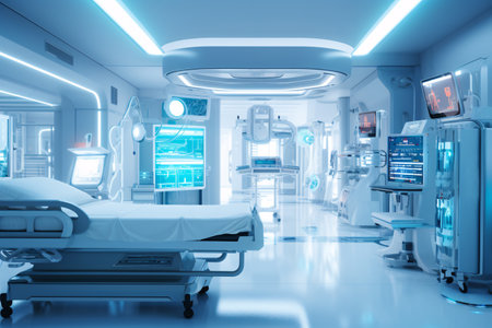 A futuristic hospital room background image that showcases the latest advancements in medical technology. Generative AIの素材
