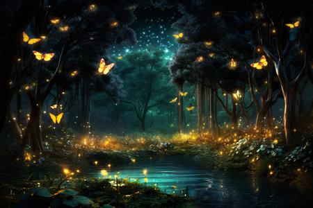 a magical firefly field at night, with lightning bugs twinkling in the enchanted landscape. Generative AIの素材