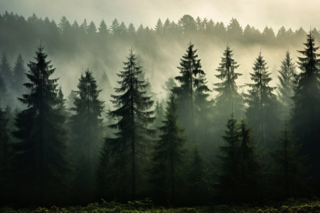 A stunning image of a misty fir pine forest in soft light. The trees are towering and majestic, and the mist. Generative AIの素材