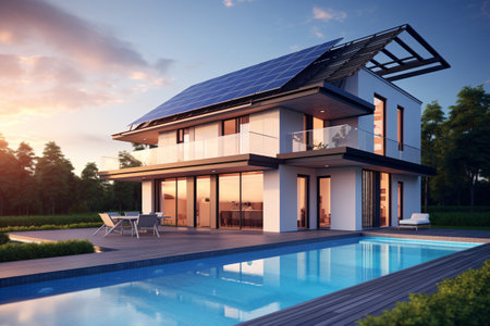 a modern, sustainable house adorned with solar panels, basking in morning light. Discover a contemporary home embracing green energy, eco-friendly concept. Generative AIの素材