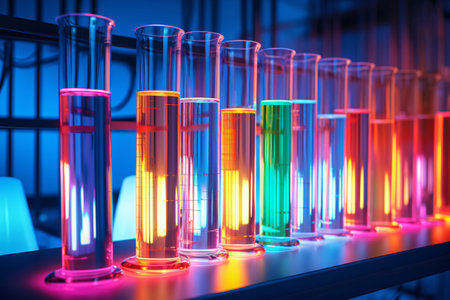 multicolored test tubes arranged neatly in a modern laboratory setting. This captivating image is perfect for illustrating concepts in biology, chemistry, and medicine. Generative AIの素材