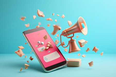 3D papercut style social marketing concept illustration features a megaphone, email, and smartphone. It is a perfect visual for businesses looking to promote their brand or products on social media. Generative AIの素材