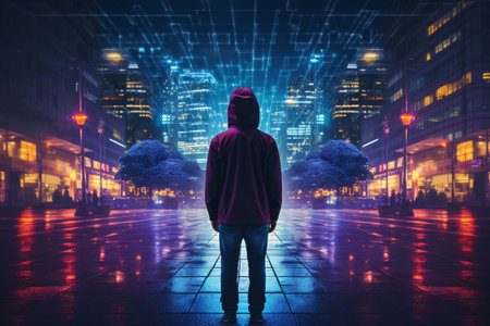 A cyberpunk digital art illustration of a person in a hoodie standing in front of a futuristic neon cityscape at night. Generative AIの素材