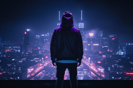 A cyberpunk digital art illustration of a person in a hoodie standing in front of a futuristic neon cityscape at night. Generative AIの素材