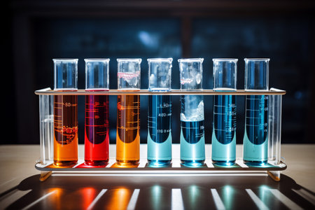 multicolored test tubes arranged neatly in a modern laboratory setting. This captivating image is perfect for illustrating concepts in biology, chemistry, and medicine. Generative AIの素材