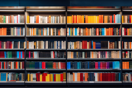 Rows of colorful books on shelves in a modern bookshop, This image is perfect for websites and social media related to books, bookshops, libraries, education, and knowledge. Generative AIの素材