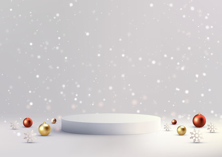 Christmas festive 3D realistic white color podium decoration with gold and red many balls on white wall background with snow fall. Christmas holiday concept product display, mockup, showroom, showcase. Vector illustrationのイラスト素材