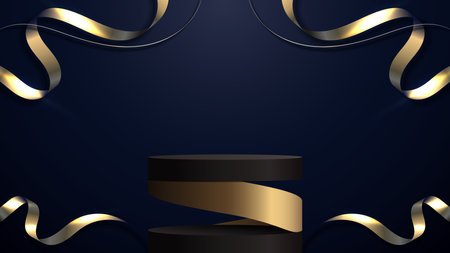 3D realistic luxury modern black cylinder podium stand spiral gold with abstract elegant golden ribbon wave twist lines and lighting effect on dark blue background. Product display mockup for cosmetic, showroom, showcase, presentation, etc. Vector illustrationのイラスト素材
