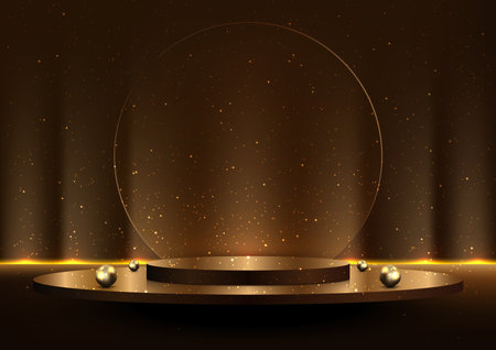3D realistic stage award ceremony gold podium platform with transparent glass circle backdrop decoration illuminated spotlights and golden balls glitter on black background. Product display for cosmetic, showroom, showcase, presentation, etc. Vector illustrationのイラスト素材