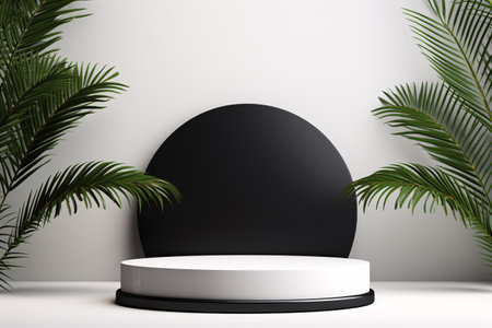Showcase your products in style with this 3D white podium mockup featuring tropical leaves. Generative AIの素材